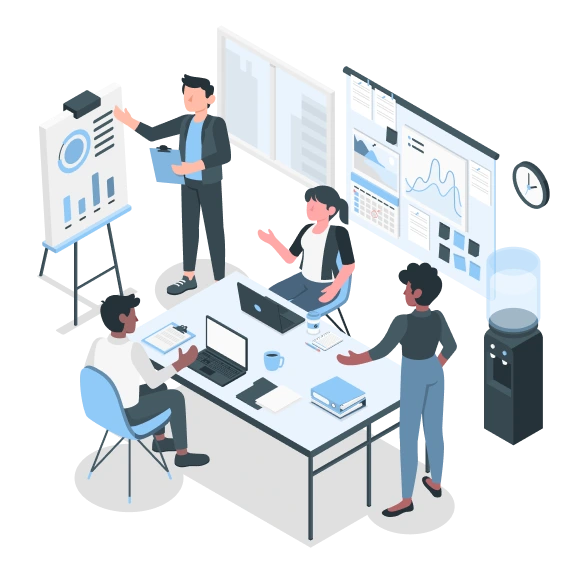 Ilustração apresentando consultores em uma reunião.