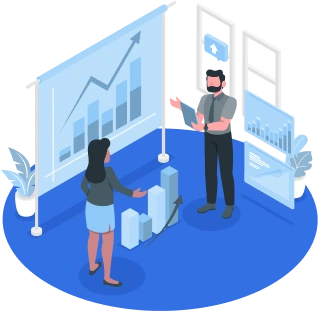 Ilustração mostrando duas pessoas próximas a um gráfico apresentando crescimento de resultados.