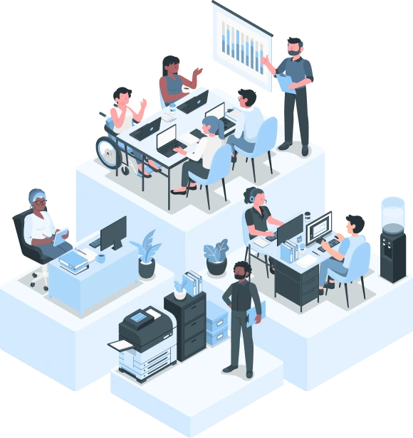 Ilustração com uma equipe multidisciplinar.