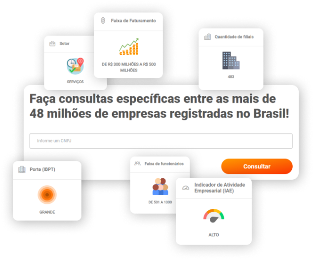 Imagem apresentando ícones, gráficos e dados da Consulta CNPJ, uma das soluções do Empresômetro Digital.