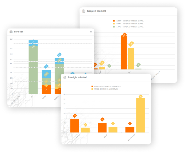 Imagem apresentando o gráfico de Porte, Simples Nacional e Inscrição Estadual da solução de Mapeamento de Mercado do Empresômetro Digital.