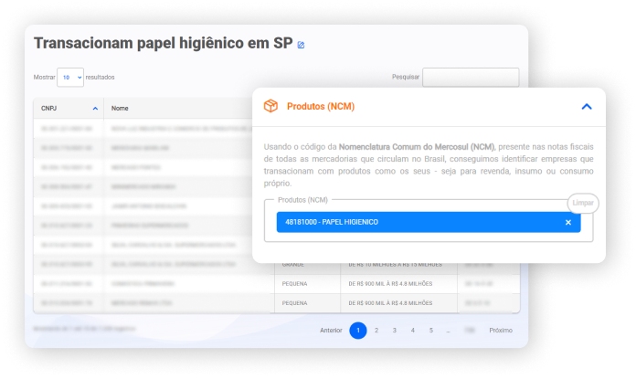 Imagem apresentando o resultado de uma prospecção por ncm.