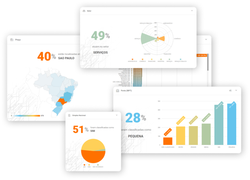 Imagem apresentando o gráfico de Setor, Praça, Porte e Simples Nacional relacionados a solução de Perfilização do Empresômetro Digital.