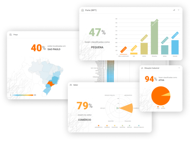 Imagem apresentando o gráfico de área de Porte, Situação Cadastral, Setor e Praça contidos na solução de Perfilização do Empresômetro Digital.